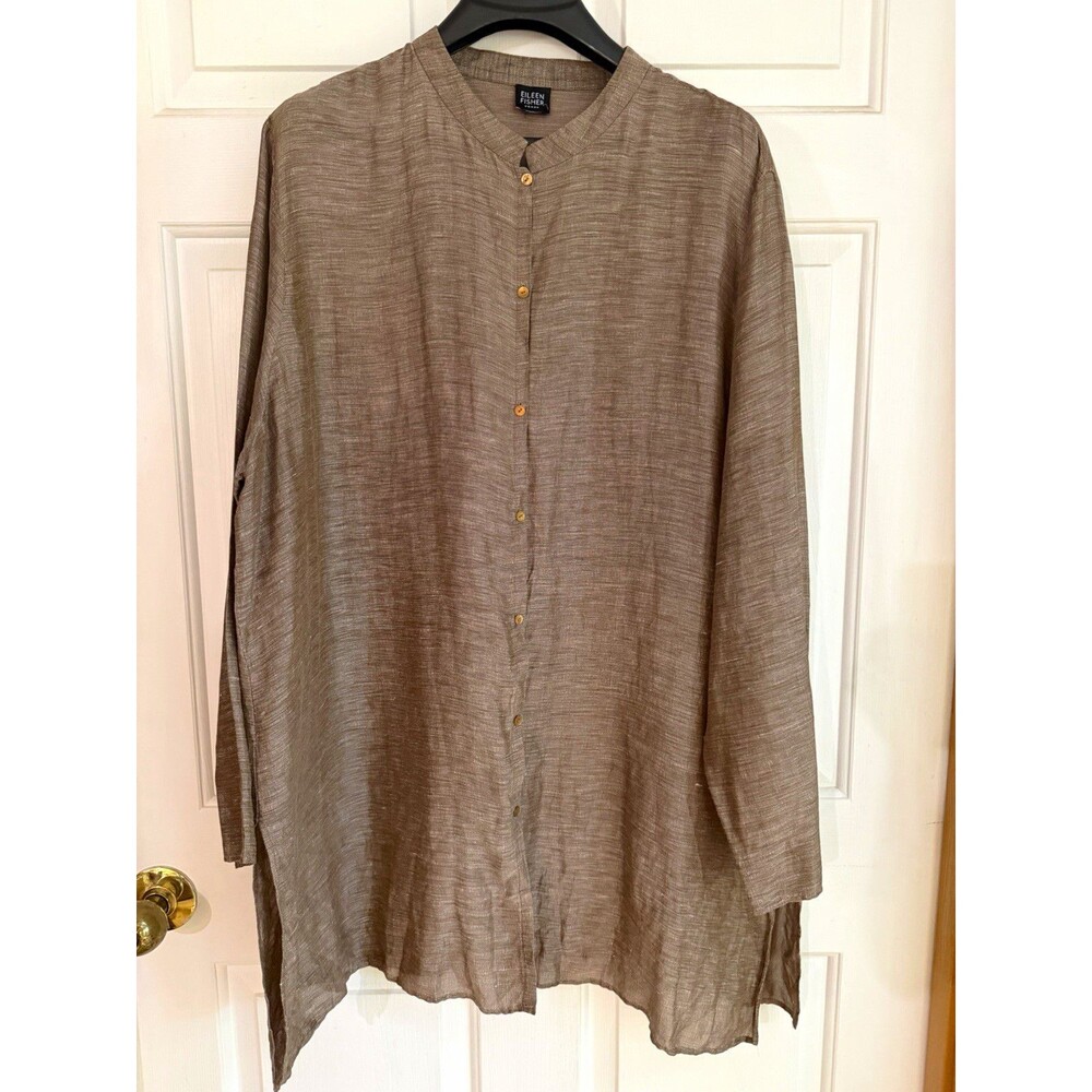 Eileen Fisher Brown Linen Silk Tunic Button-Front Collared- Size 18-20